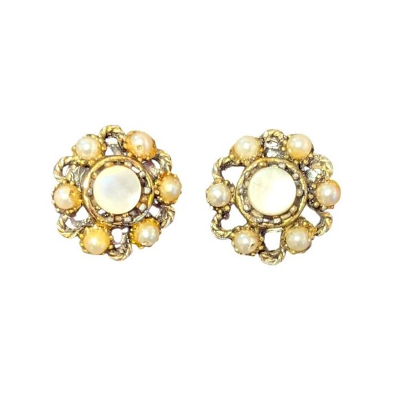 Vintage Estate Statement Earrings Faceted Faux Pearl MCM Round Cluster Gold Tone - Picture 3 of 10